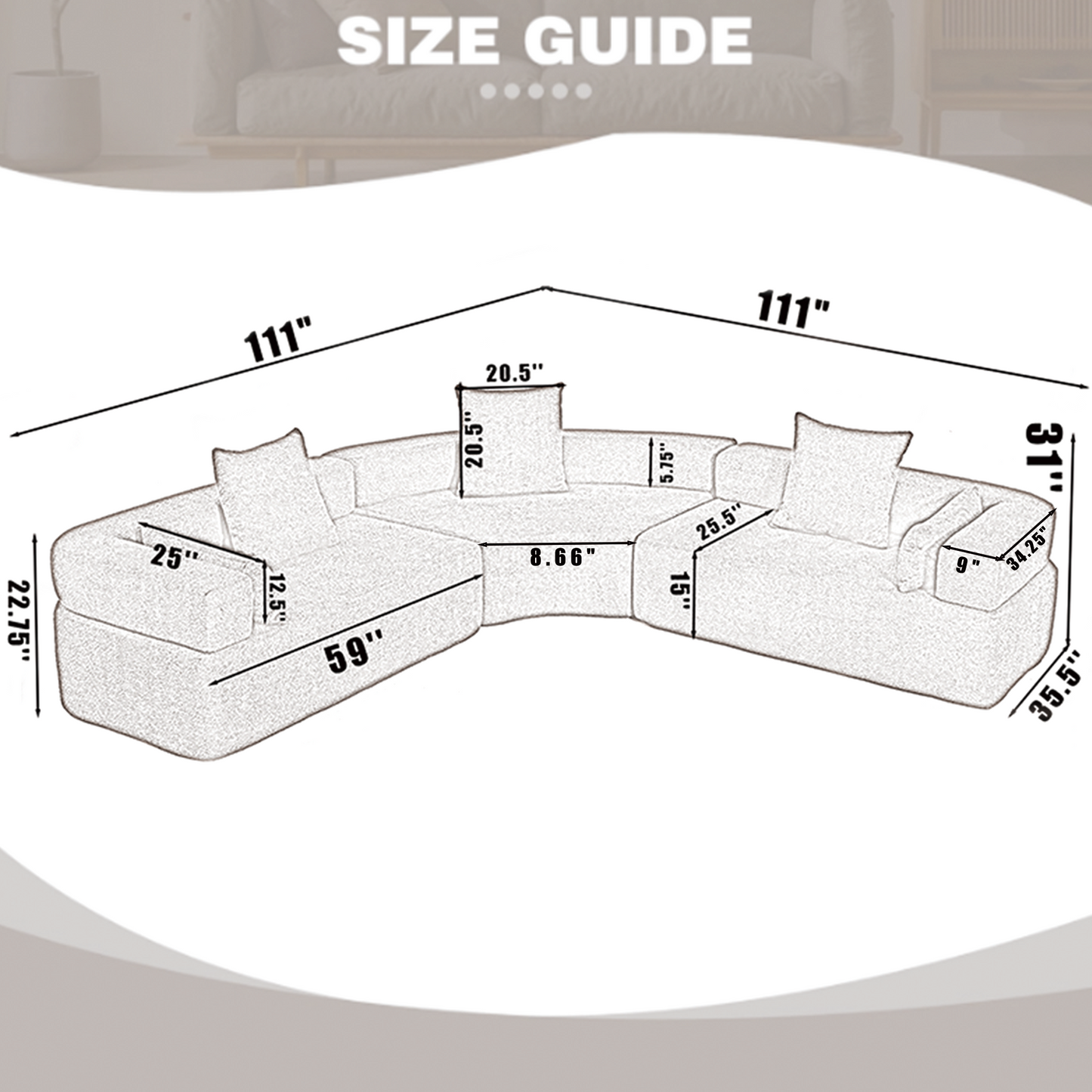 Oversized Curved 4-Seater Modular Sofa, 3-Piece Boucle, Khaki