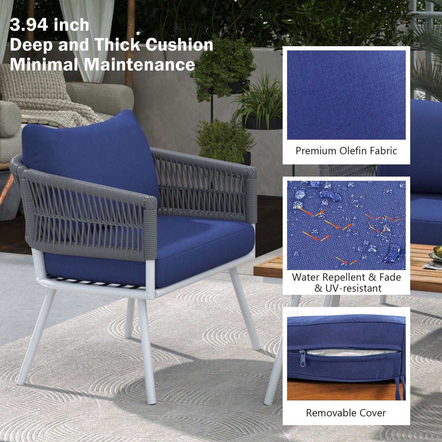 K&K 4-Piece Boho Patio Set with Acacia Wood Table, Navy Blue