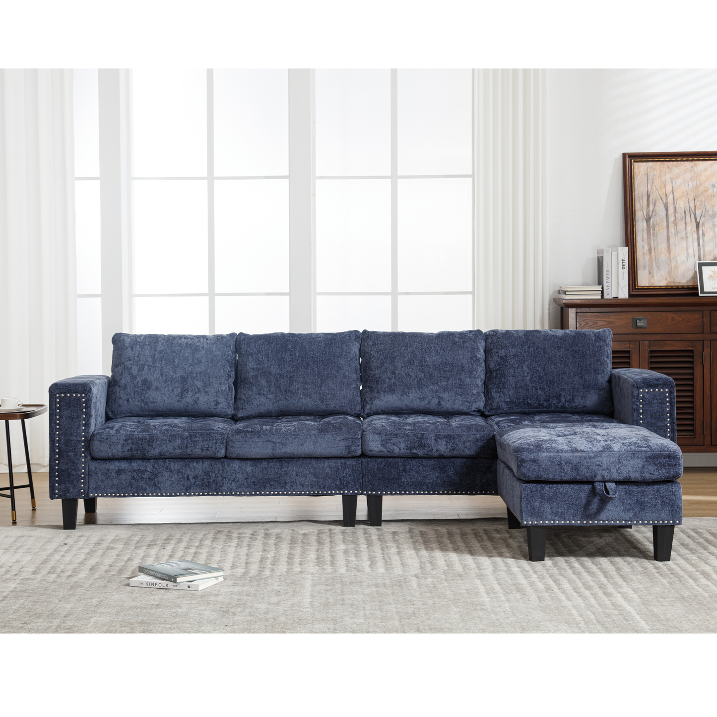 5-Seat Modular Sofa with Storage Ottoman, Reversible Chaise, Chenille, Blue