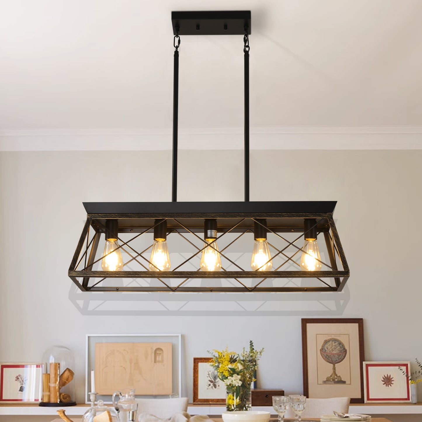 5-Light Black and Gold Farmhouse Chandelier, Rectangular Pendant Fixture