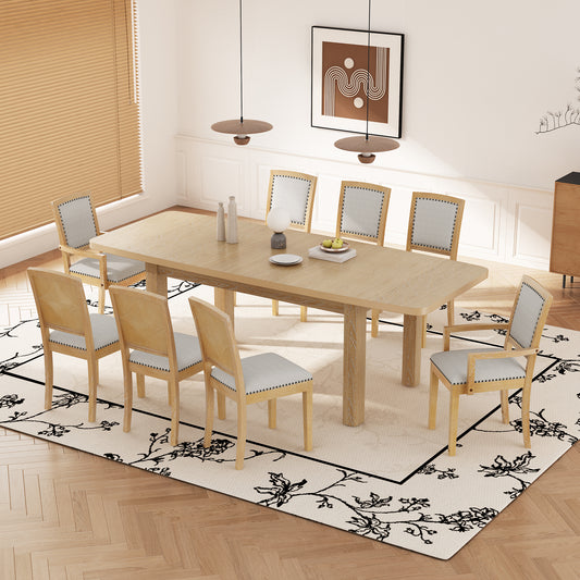 9-piece rustic extendable dining set with removable leaf, natural finish