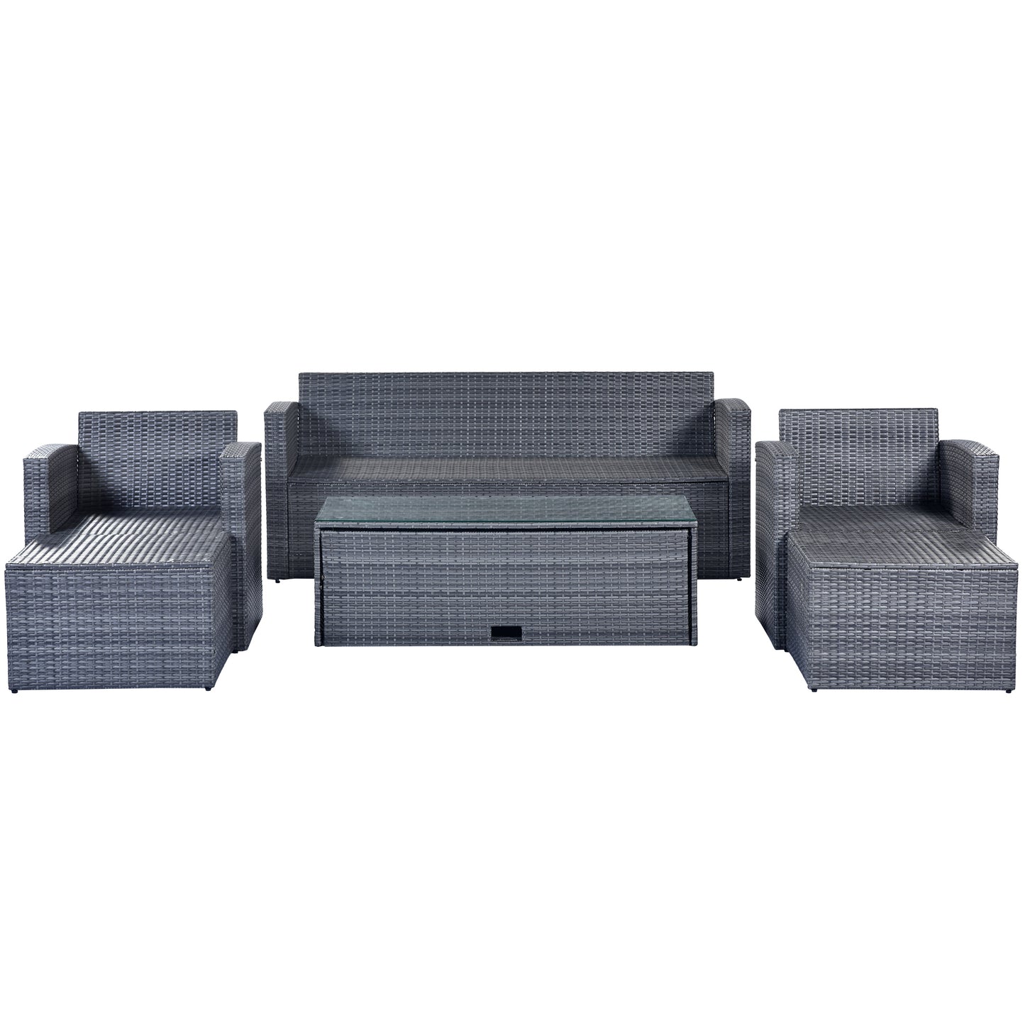 6-piece wicker patio sectional set with coffee table, dark grey wicker, light grey cushions