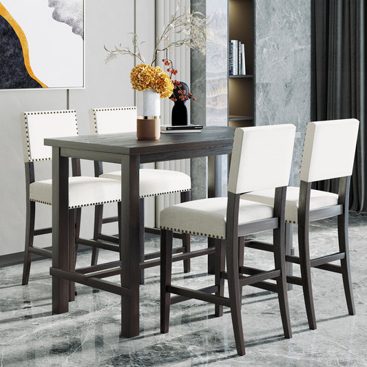 5-piece counter height dining set, espresso table, beige chairs