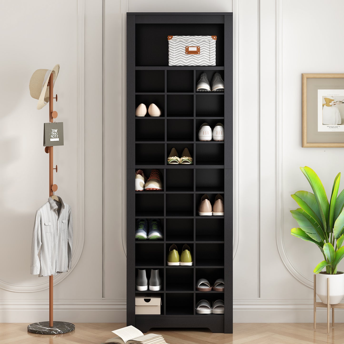 Stylish 30-cubby shoe cabinet, black