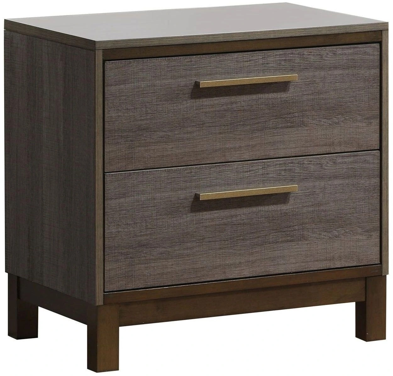 Contemporary nightstand, two-tone antique gray with brass bar pulls