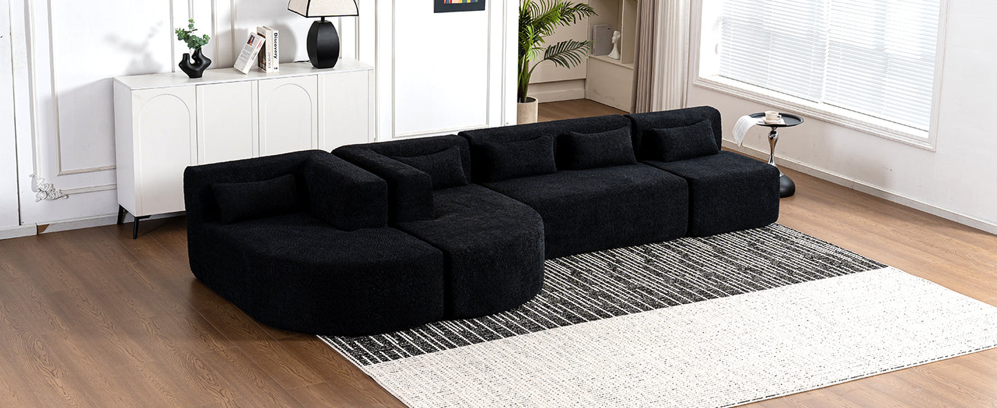 143.7 Upholstered Sofa with Chaise and Back Pillows, Black