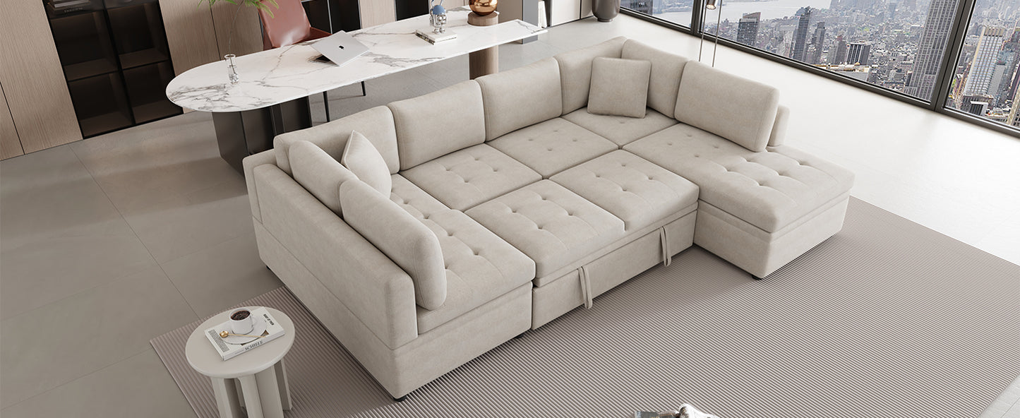 117.3'' U-Shaped Sofa Bed with Pillows, Beige