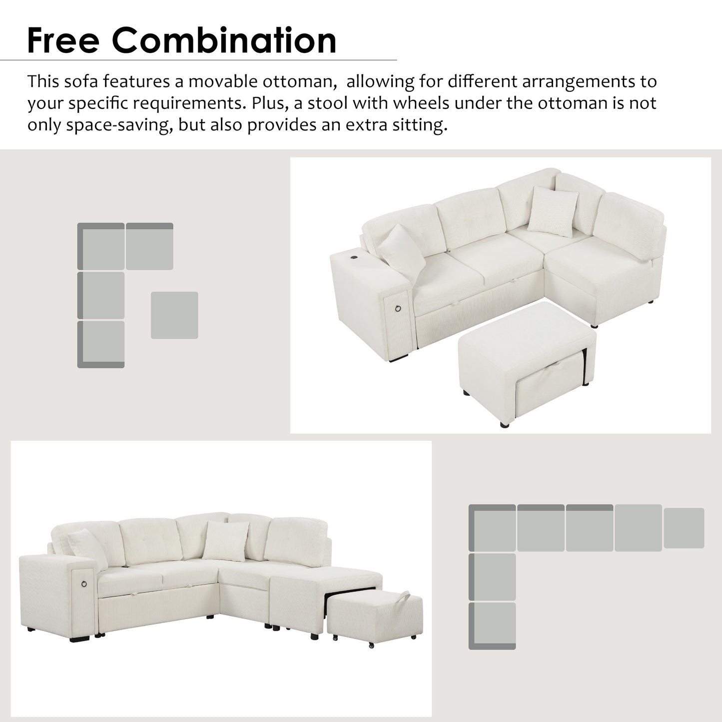 86.6 L-Shaped Sofa Bed with Ottoman, USB Ports & Cup Holders, Beige