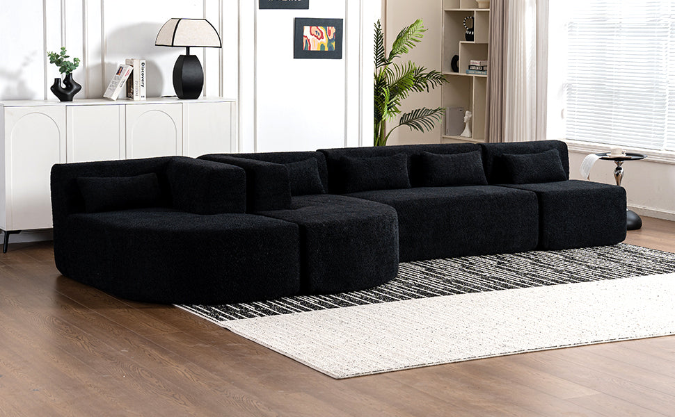 143.7 Upholstered Sofa with Chaise and Back Pillows, Black