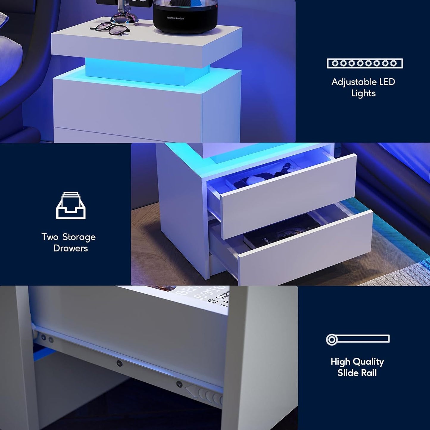 Modern LED nightstand with 2 drawers, white