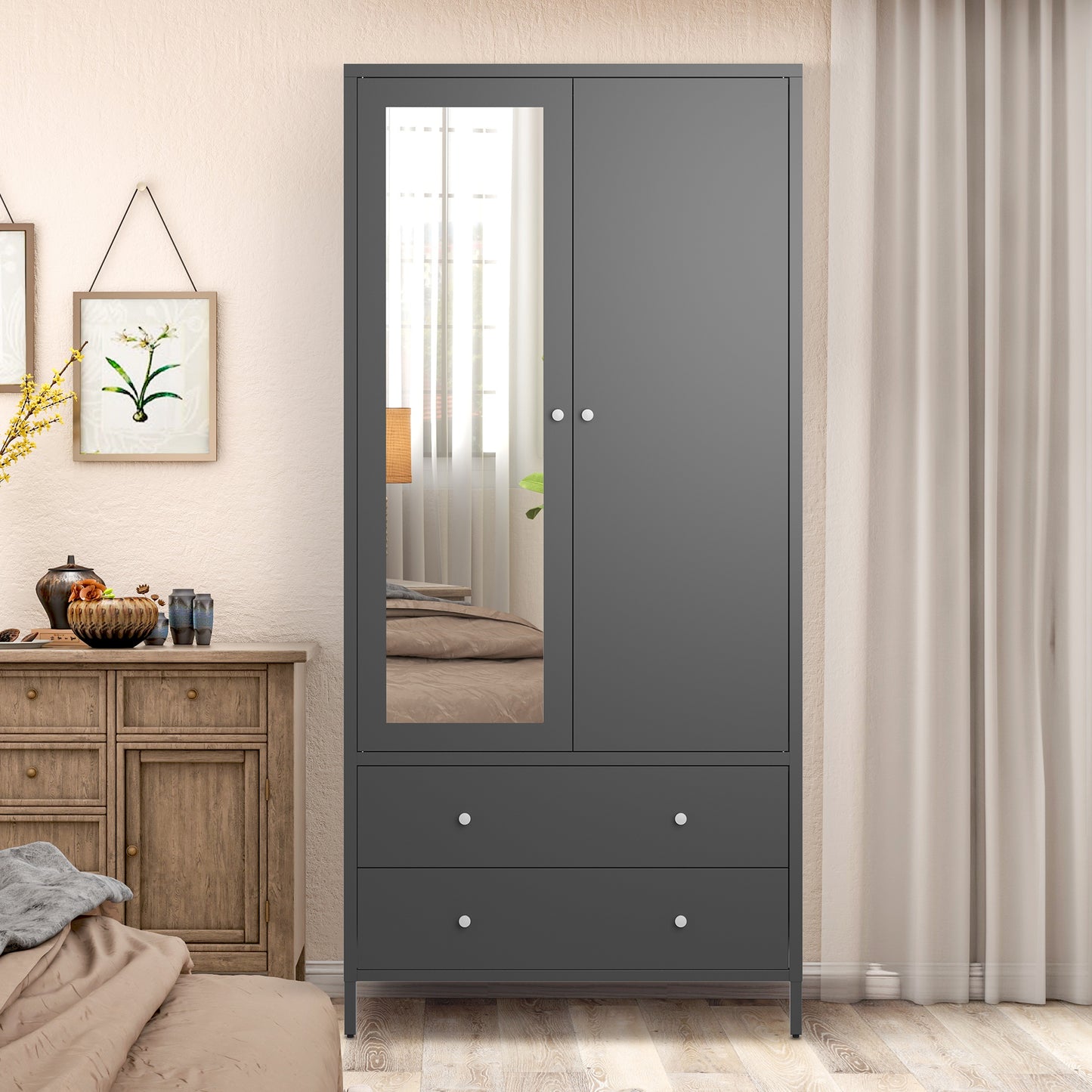 Metal dresser armoire wardrobe with mirror door, 2 drawers, and hanging rod, dark gray