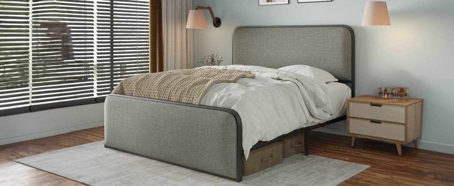 Modern king metal bed frame with curved upholstered headboard and under-bed storage, gray