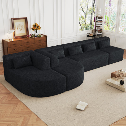 143.7 Upholstered Sofa with Chaise and Back Pillows, Black