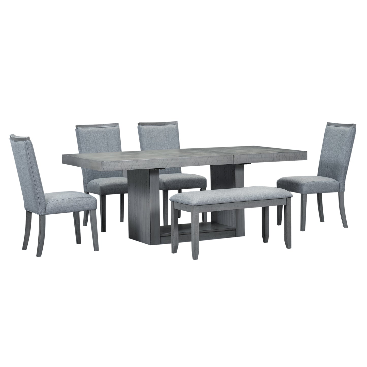 6-piece contemporary extendable dining set with pedestal table and bench, gray