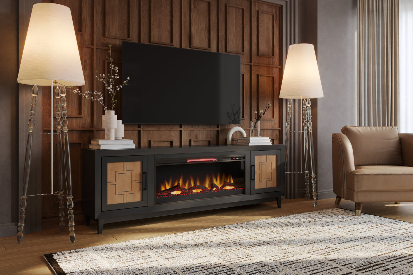 Ventura 70" Fireplace TV Stand, Black & Bourbon Finish