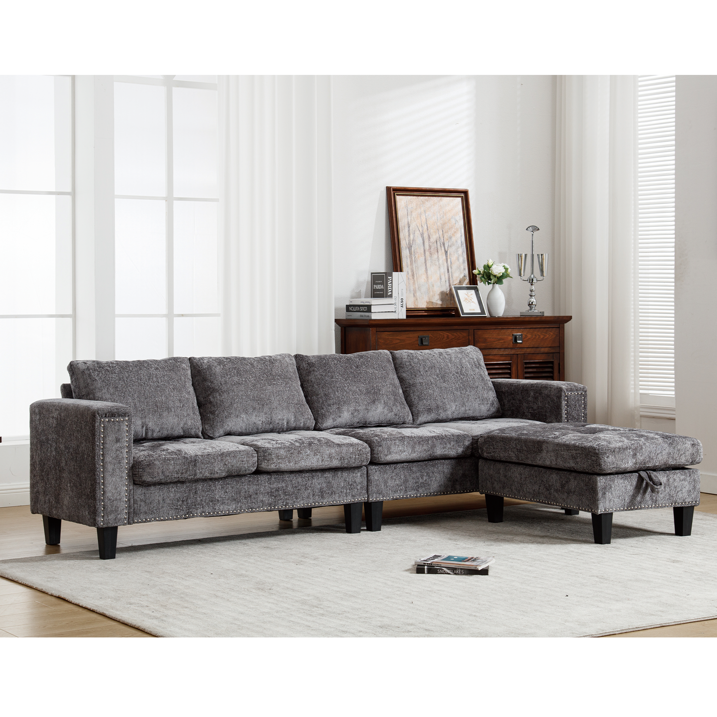 5-Seat Modular Sofa with Storage Ottoman, Reversible Chaise, Chenille, Gray