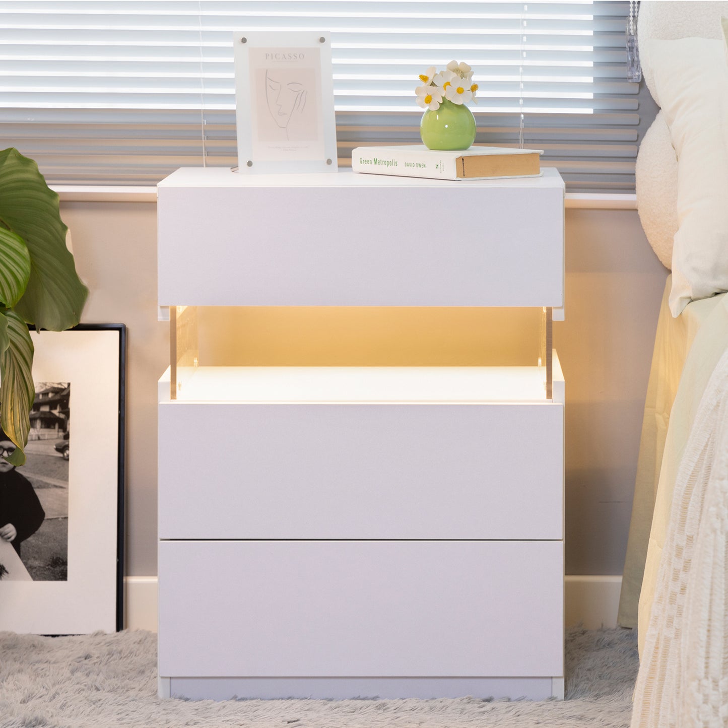 LED nightstand with 3 drawers and acrylic board, white