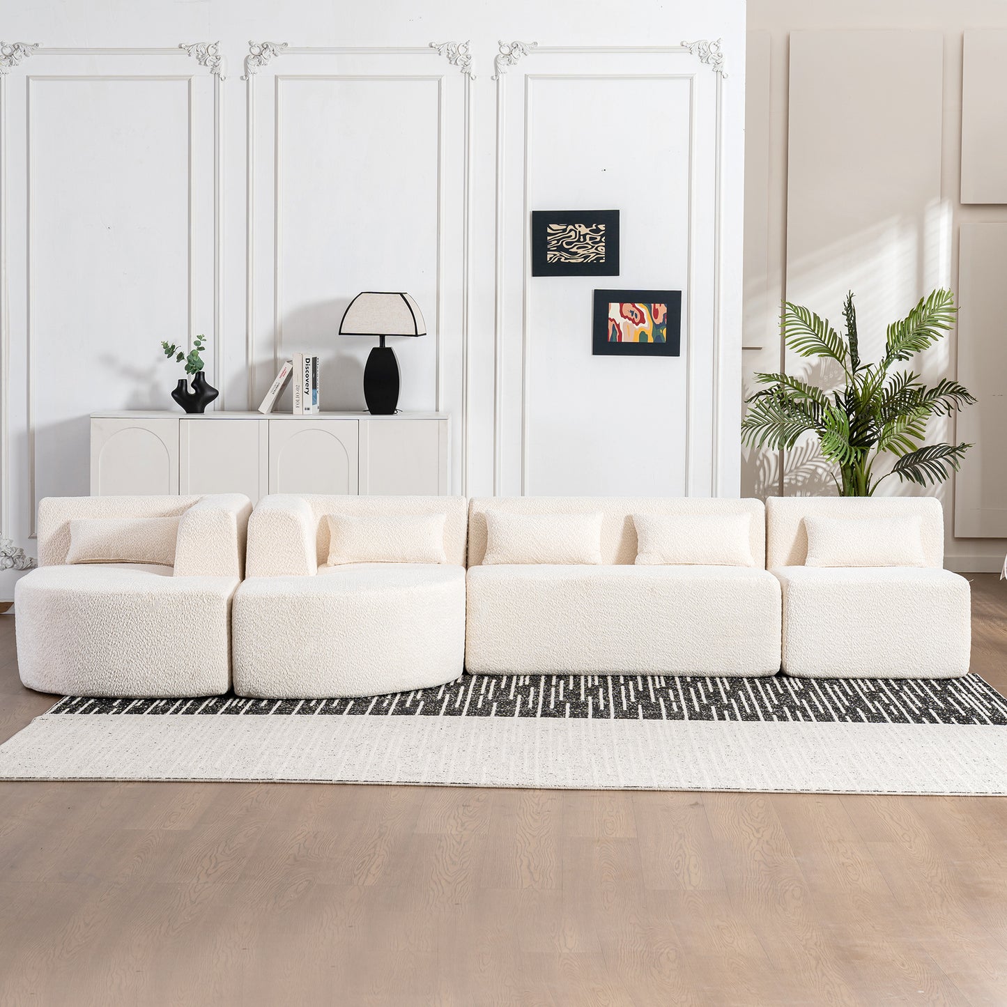 143.7 Upholstered Sofa with Chaise and Back Pillows, Beige