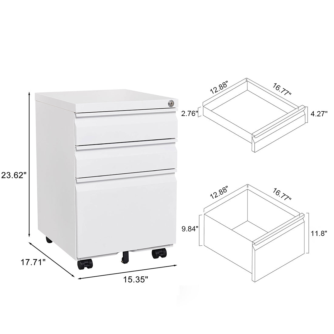 3-drawer mobile file cabinet with lock, white