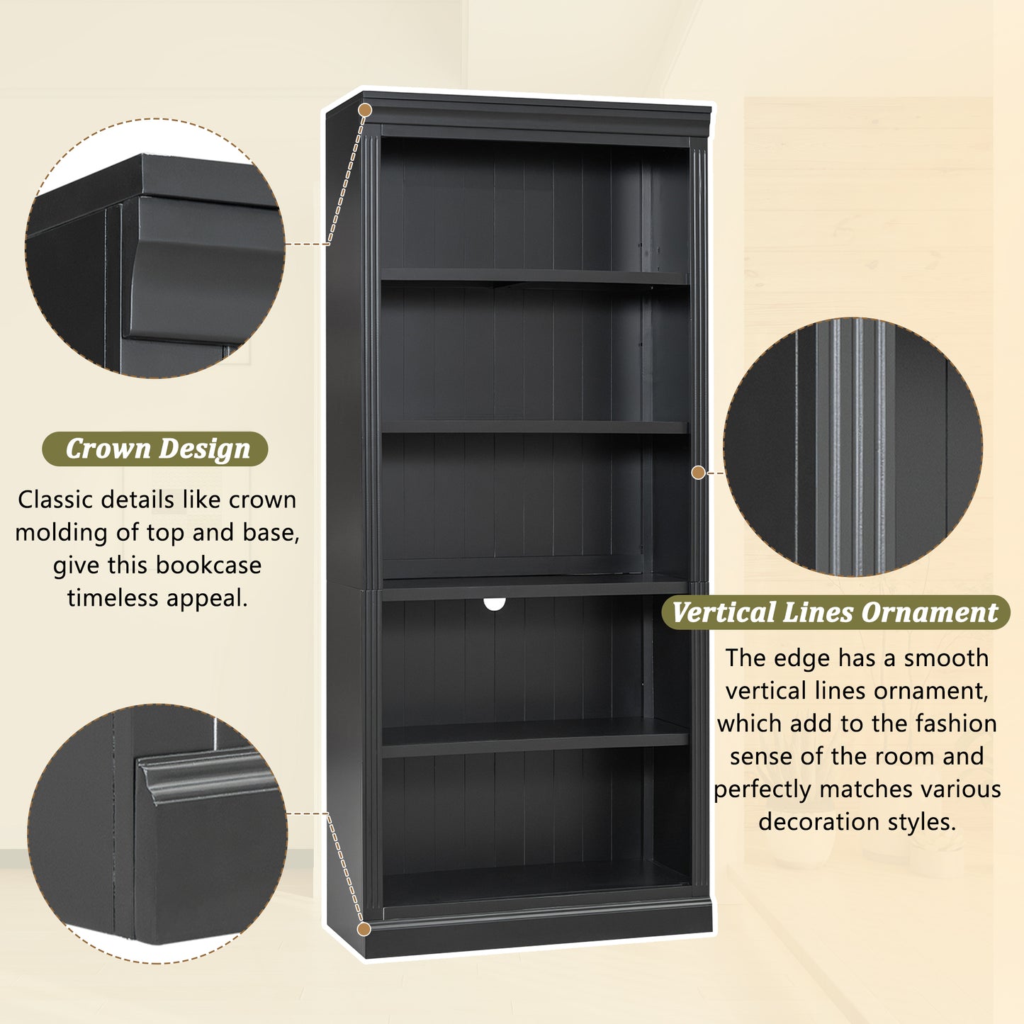 Wood Bookcase with Adjustable 5-Tier Shelves - Black