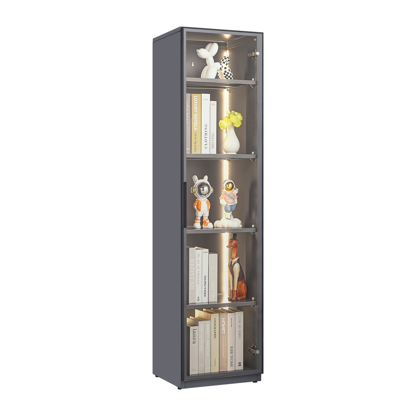 Single glass door metal display cabinet with LED lights