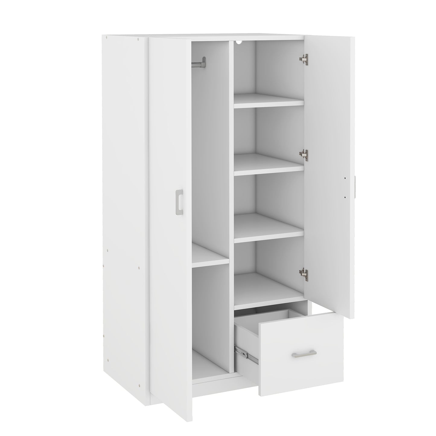 Wooden wardrobe dresser with double doors, hanging rod, 5 shelves, and storage drawer, white