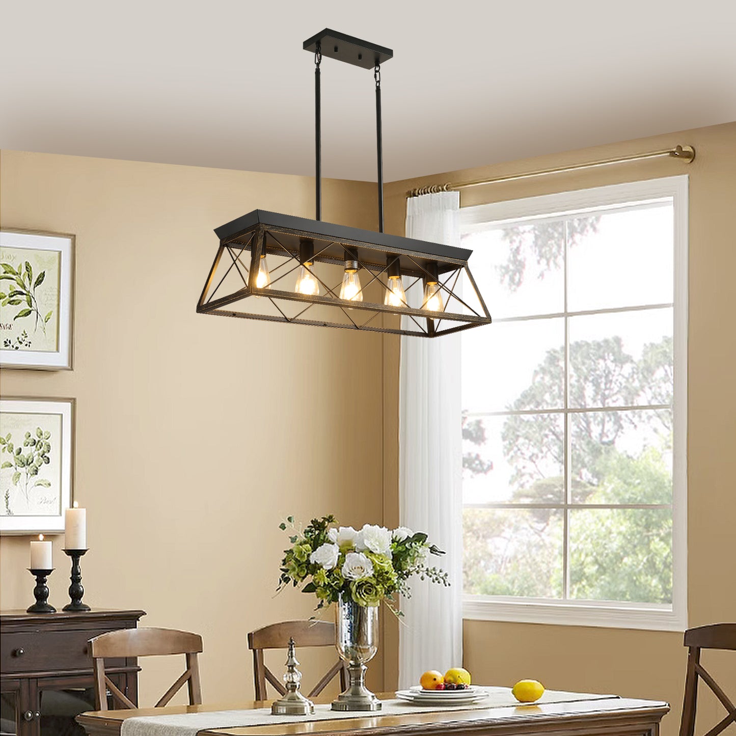 5-Light Black and Gold Farmhouse Chandelier, Rectangular Pendant Fixture