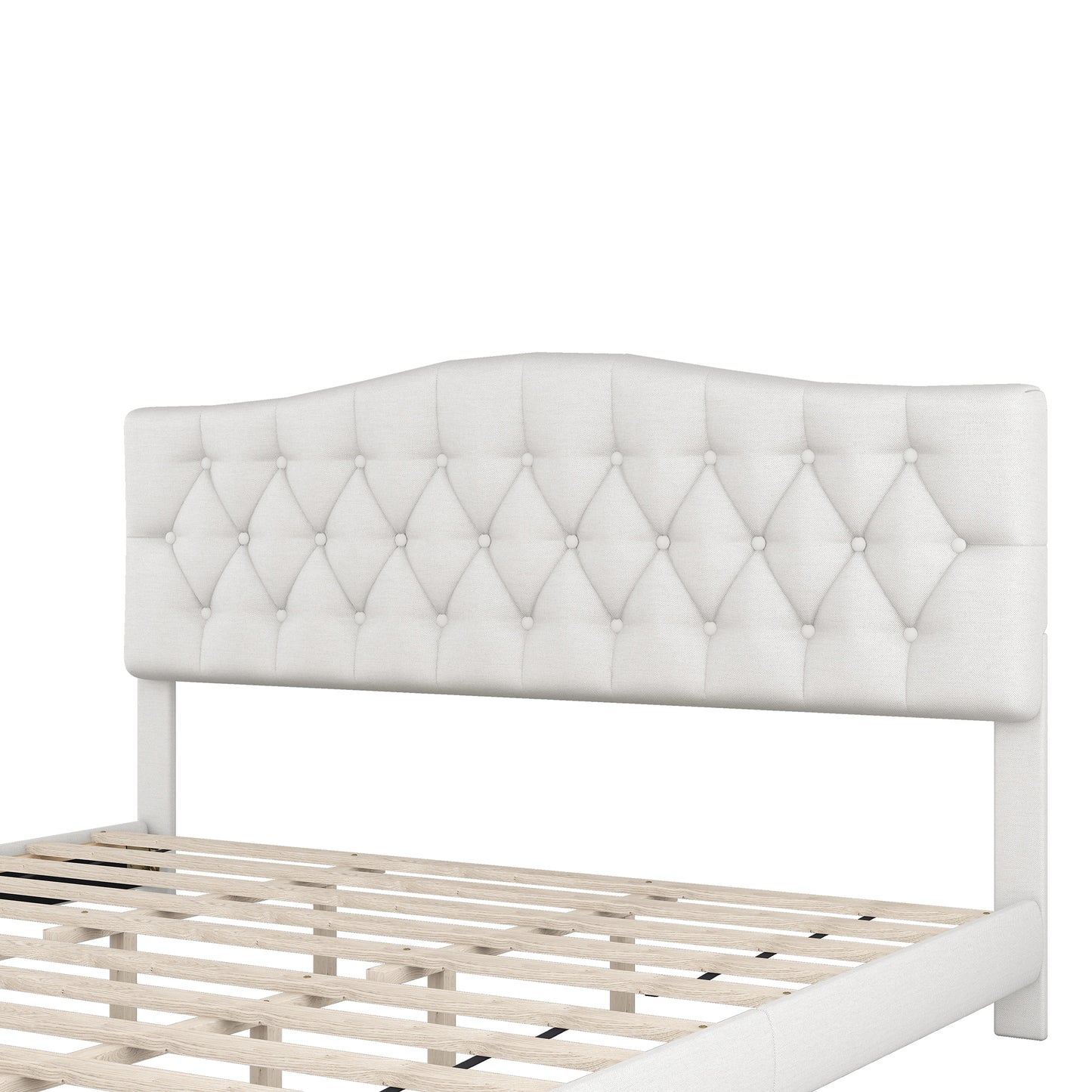 Upholstered king platform bed with curved headboard, beige