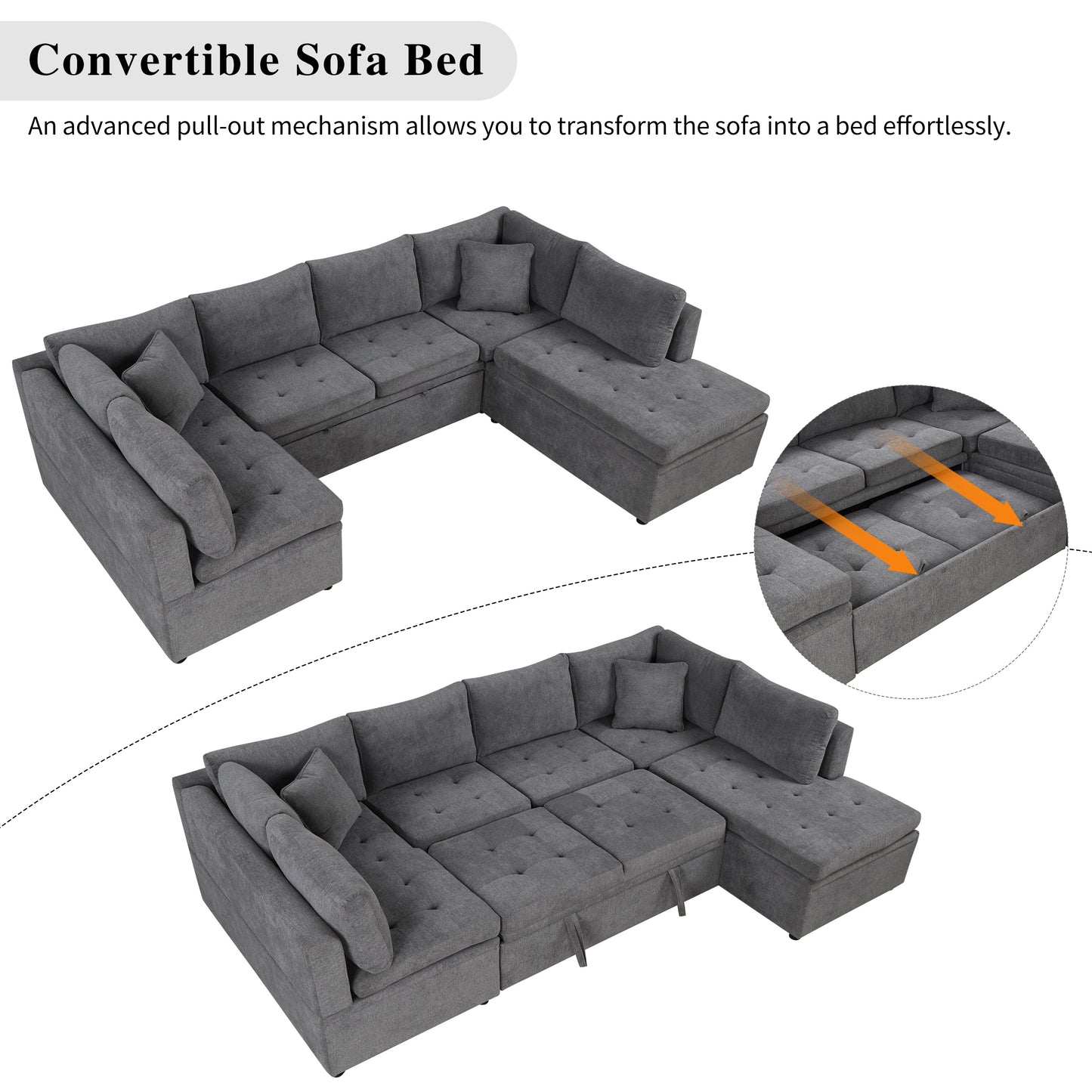 117.3 U-Shaped Sofa Bed with Pillows, Gray