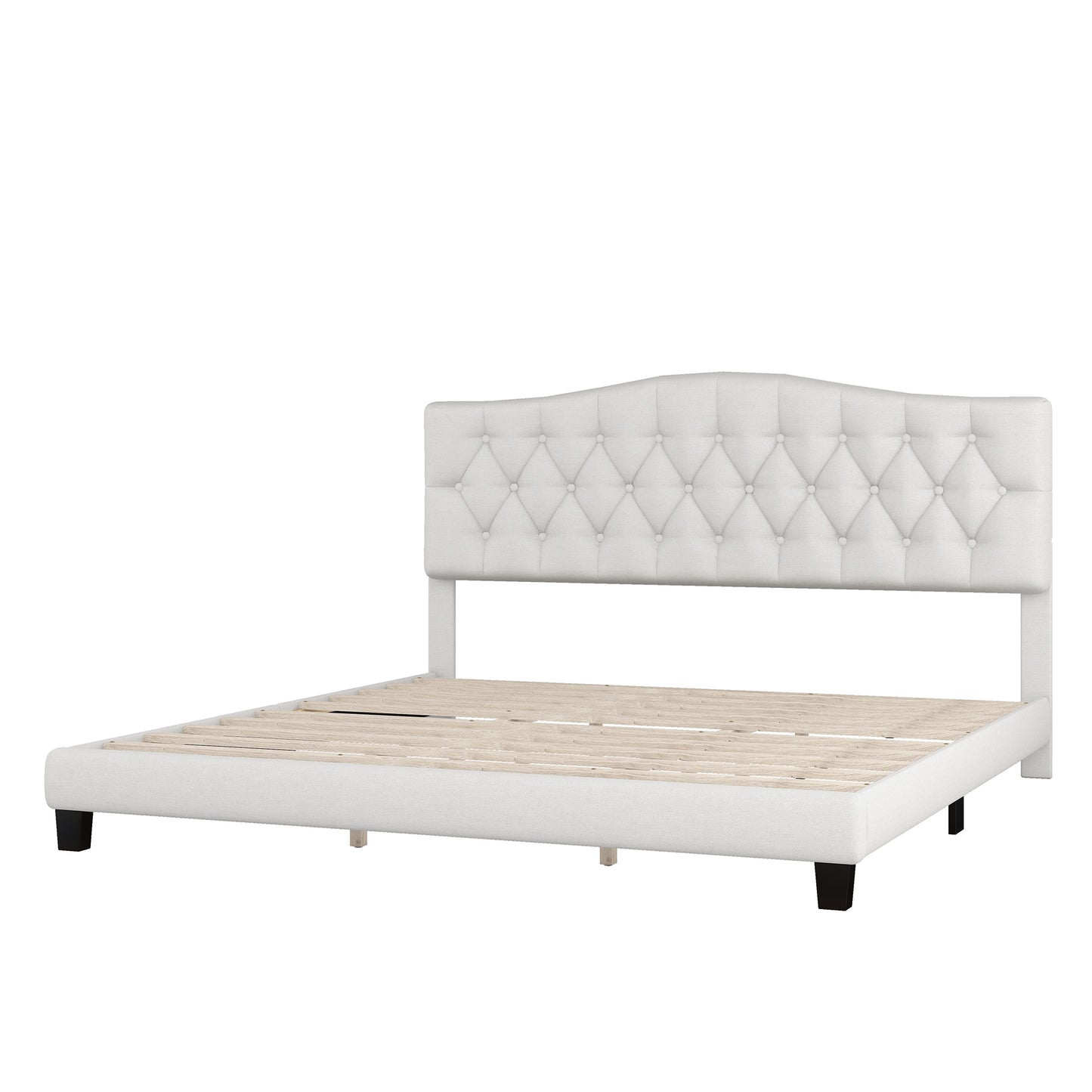 Upholstered king platform bed with curved headboard, beige