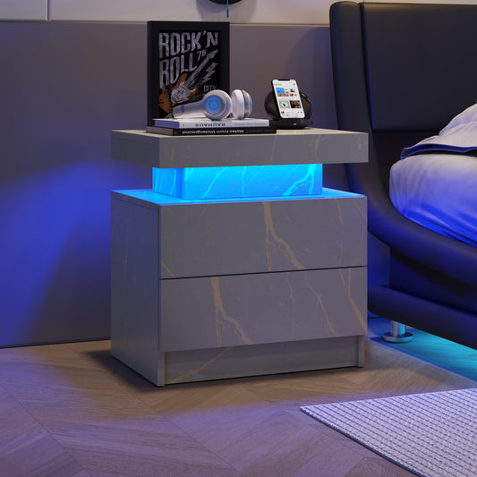 Modern LED nightstand with 2 drawers, gray gold