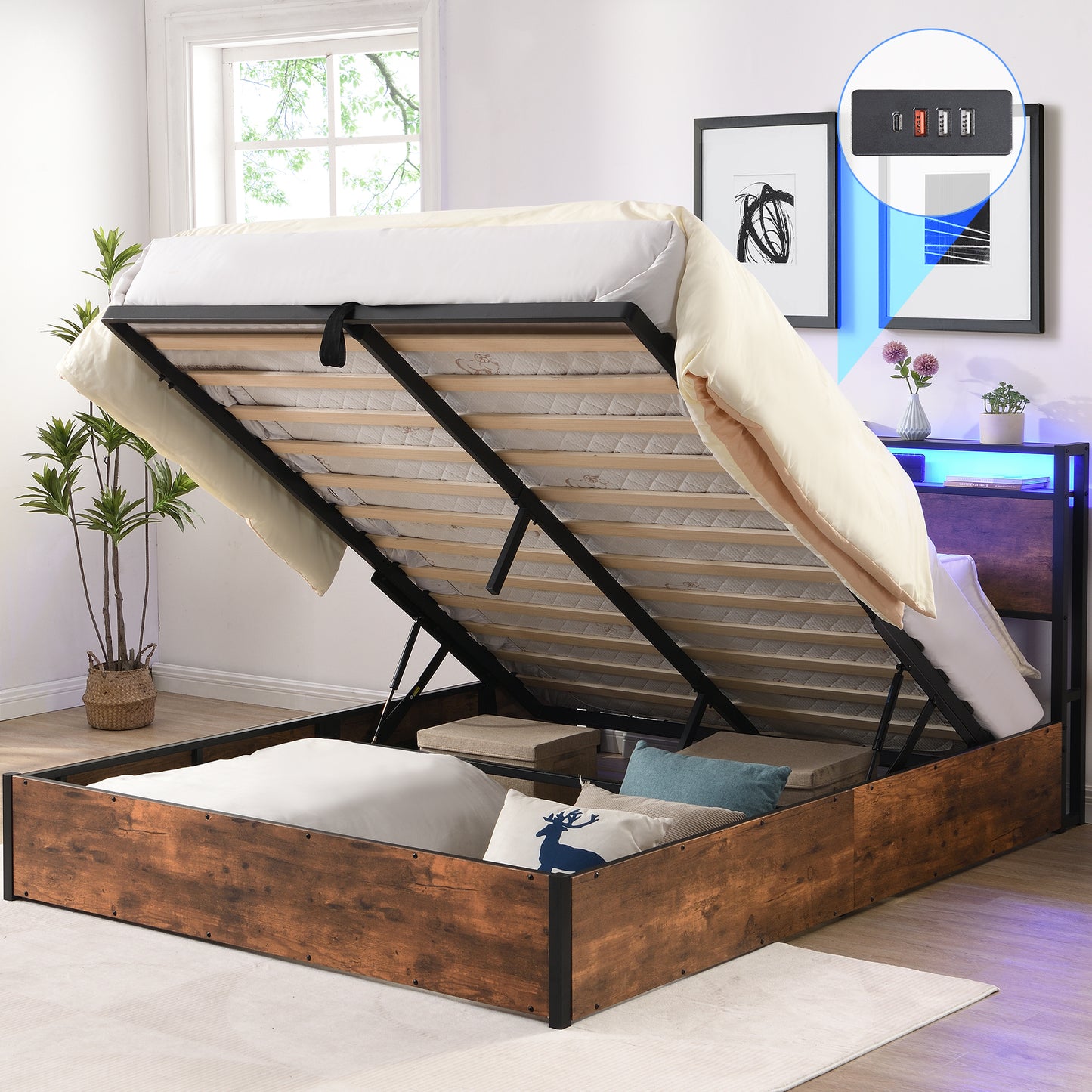 Queen lift-up storage bed frame, rustic brown, with bookcase headboard and LED lights