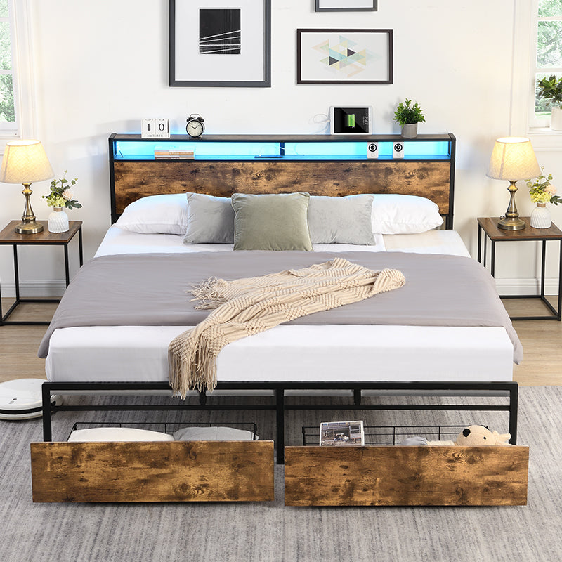 King bed frame with storage headboard and charging station, noise-free