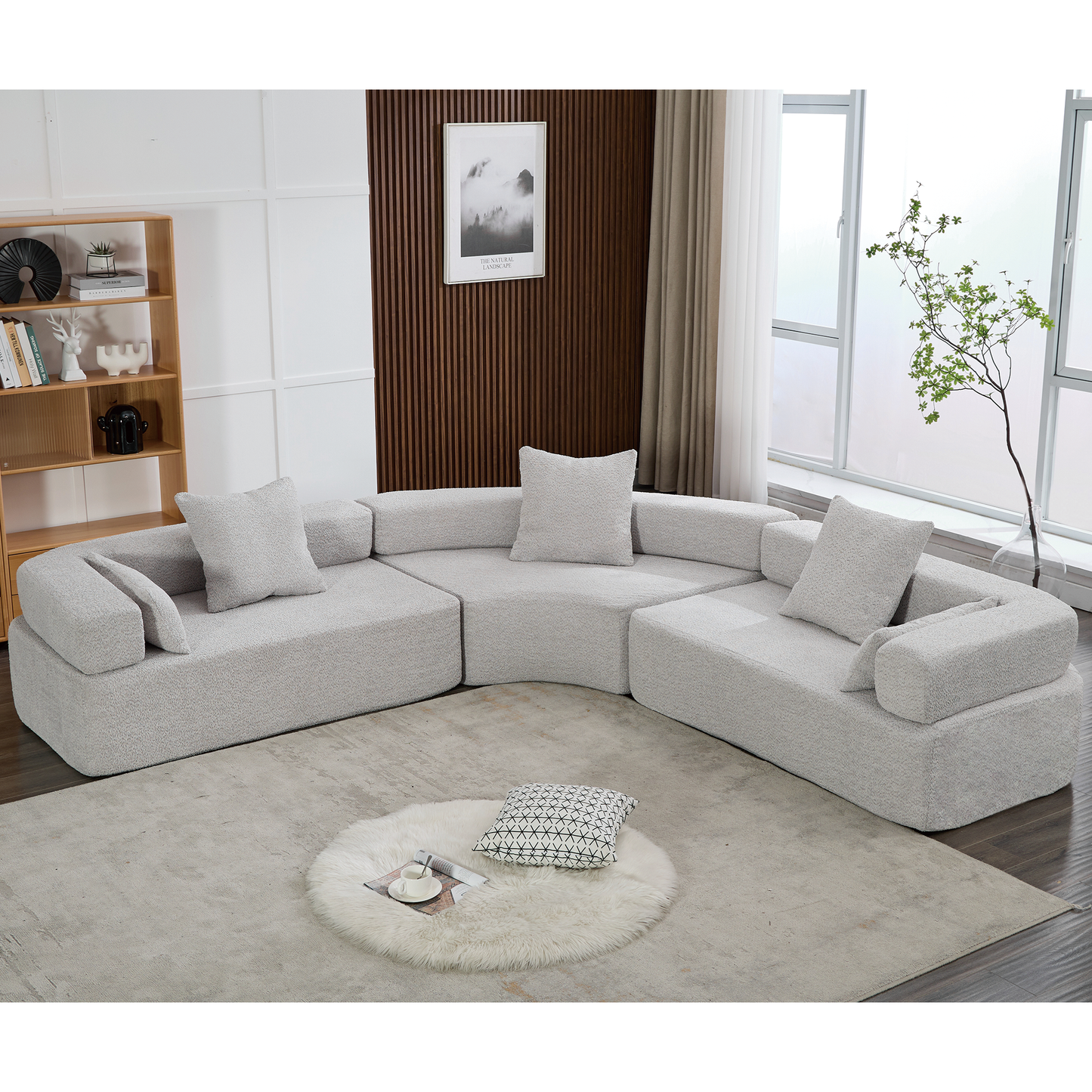 Oversized Curved 4-Seater Modular Sofa, 3-Piece Boucle, Gray