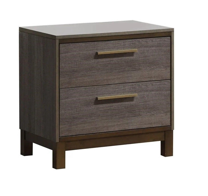 Contemporary nightstand, two-tone antique gray with brass bar pulls