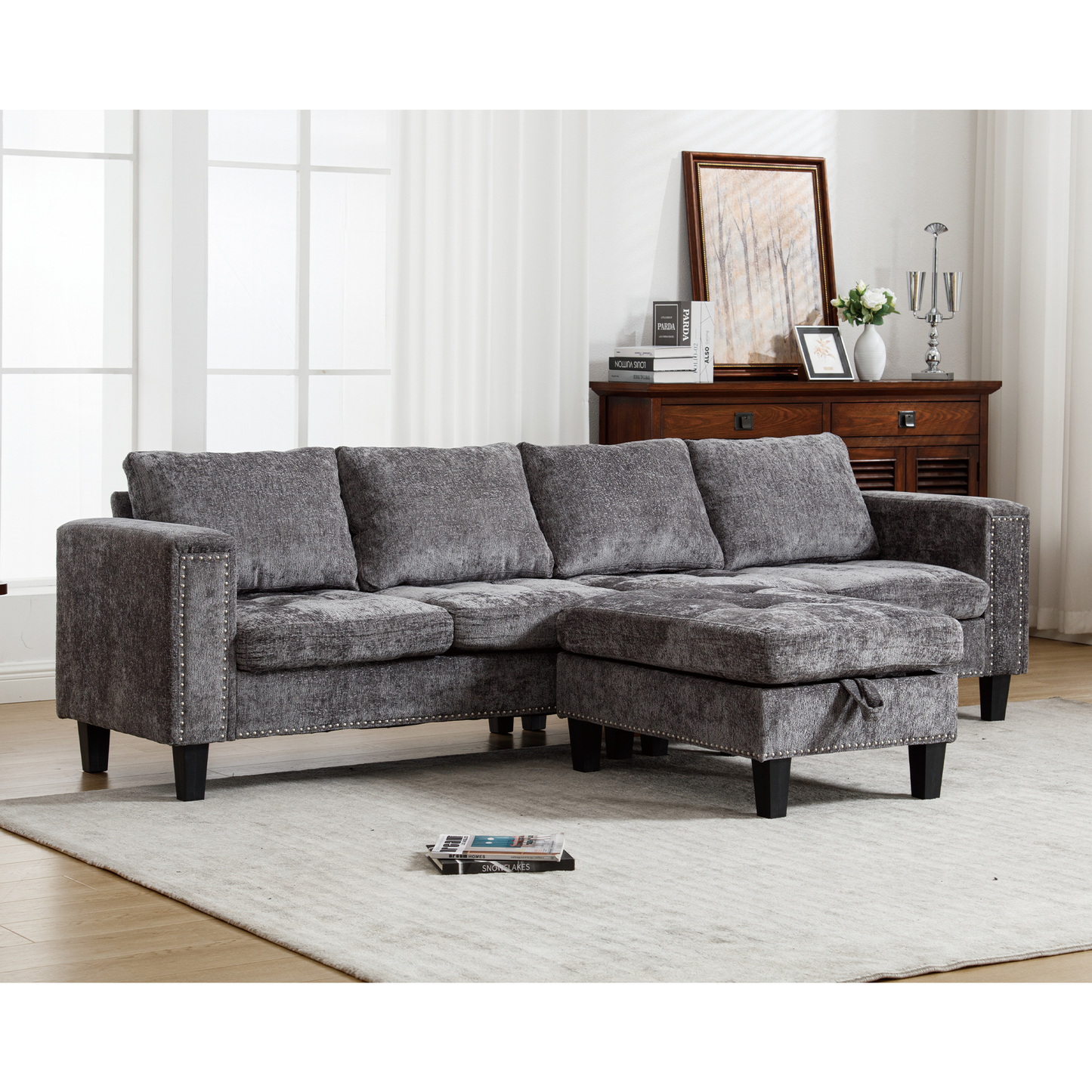 5-Seat Modular Sofa with Storage Ottoman, Reversible Chaise, Chenille, Gray