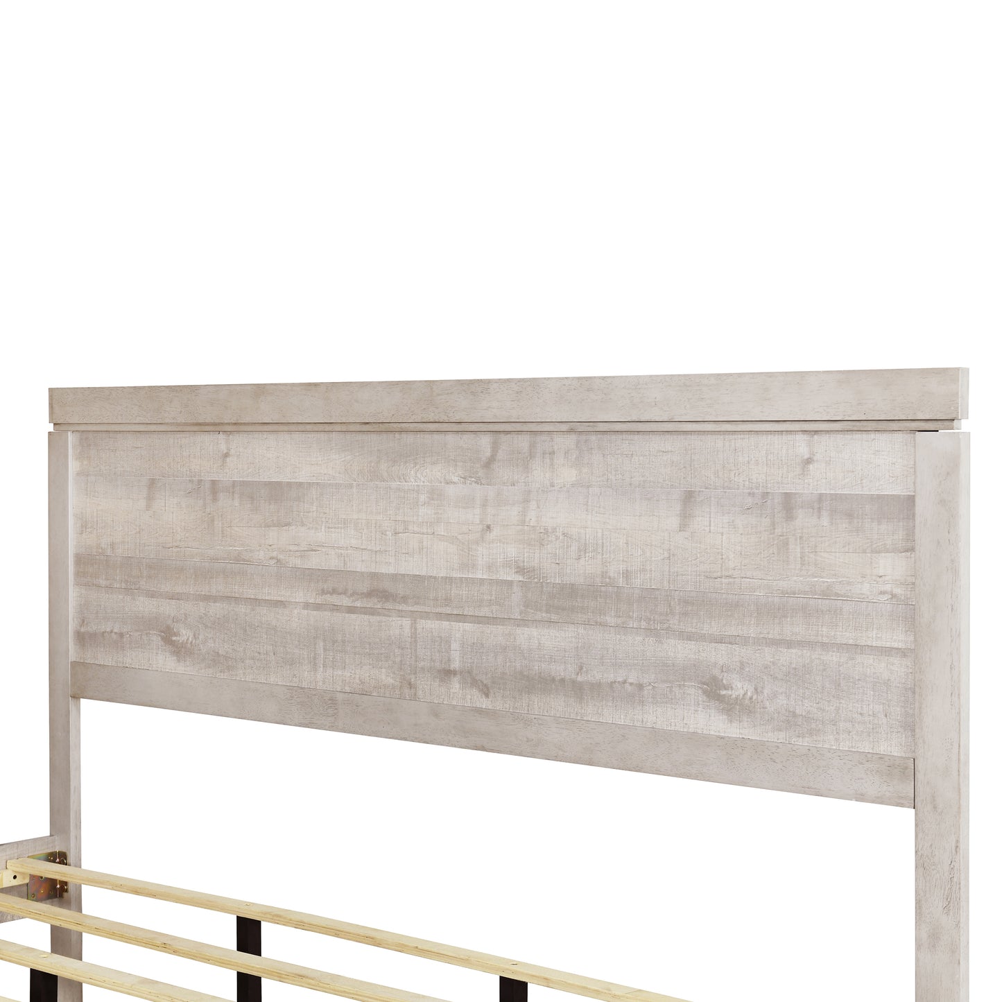 Vintage farmhouse king platform bed with wooden slats, rustic white