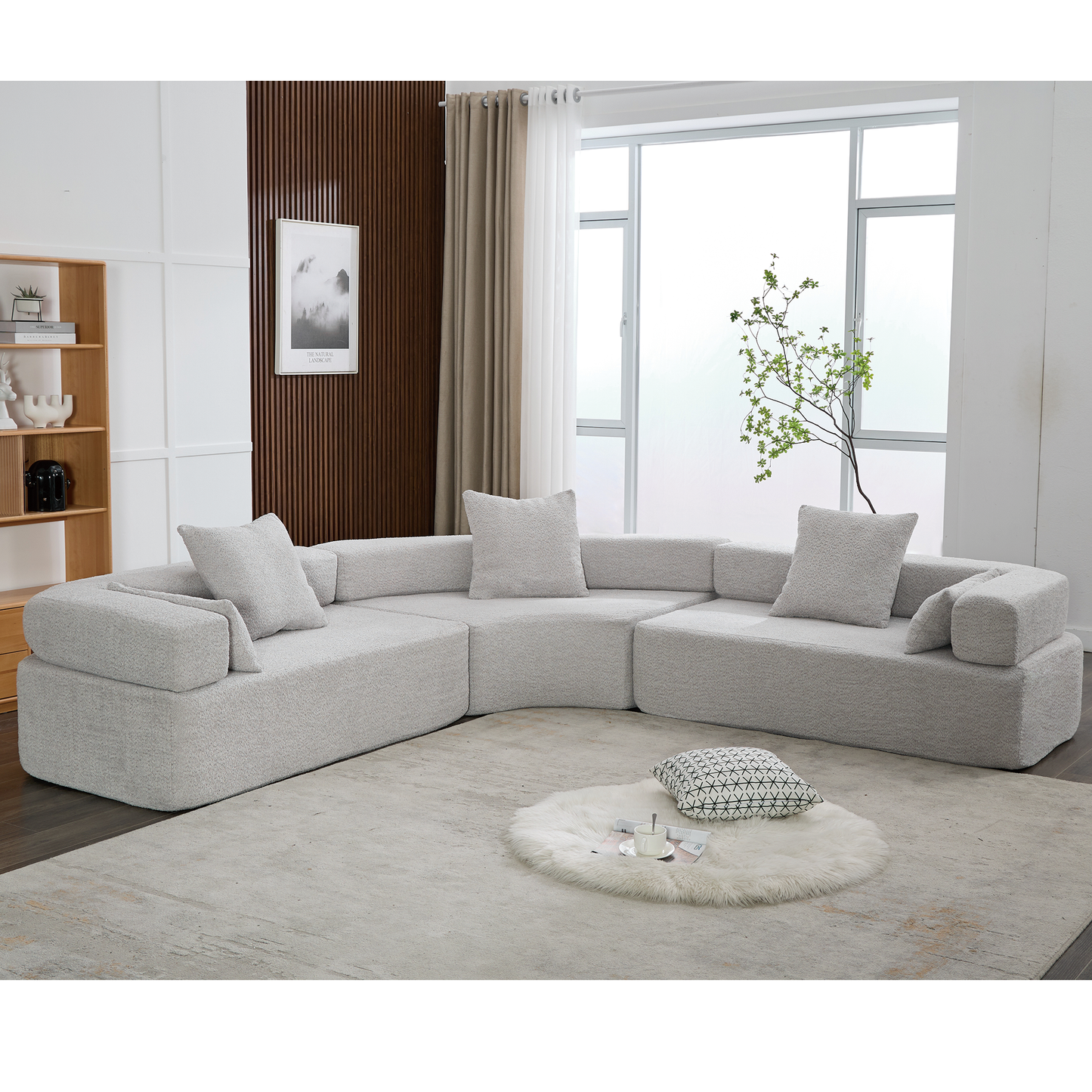 Oversized Curved 4-Seater Modular Sofa, 3-Piece Boucle, Gray