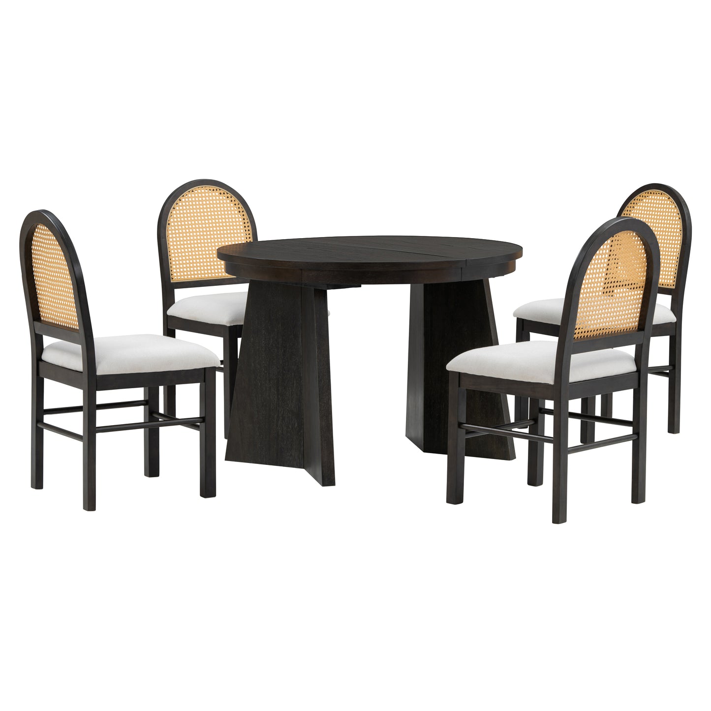 5-piece retro dining set with extendable table and rattan-back chairs, espresso