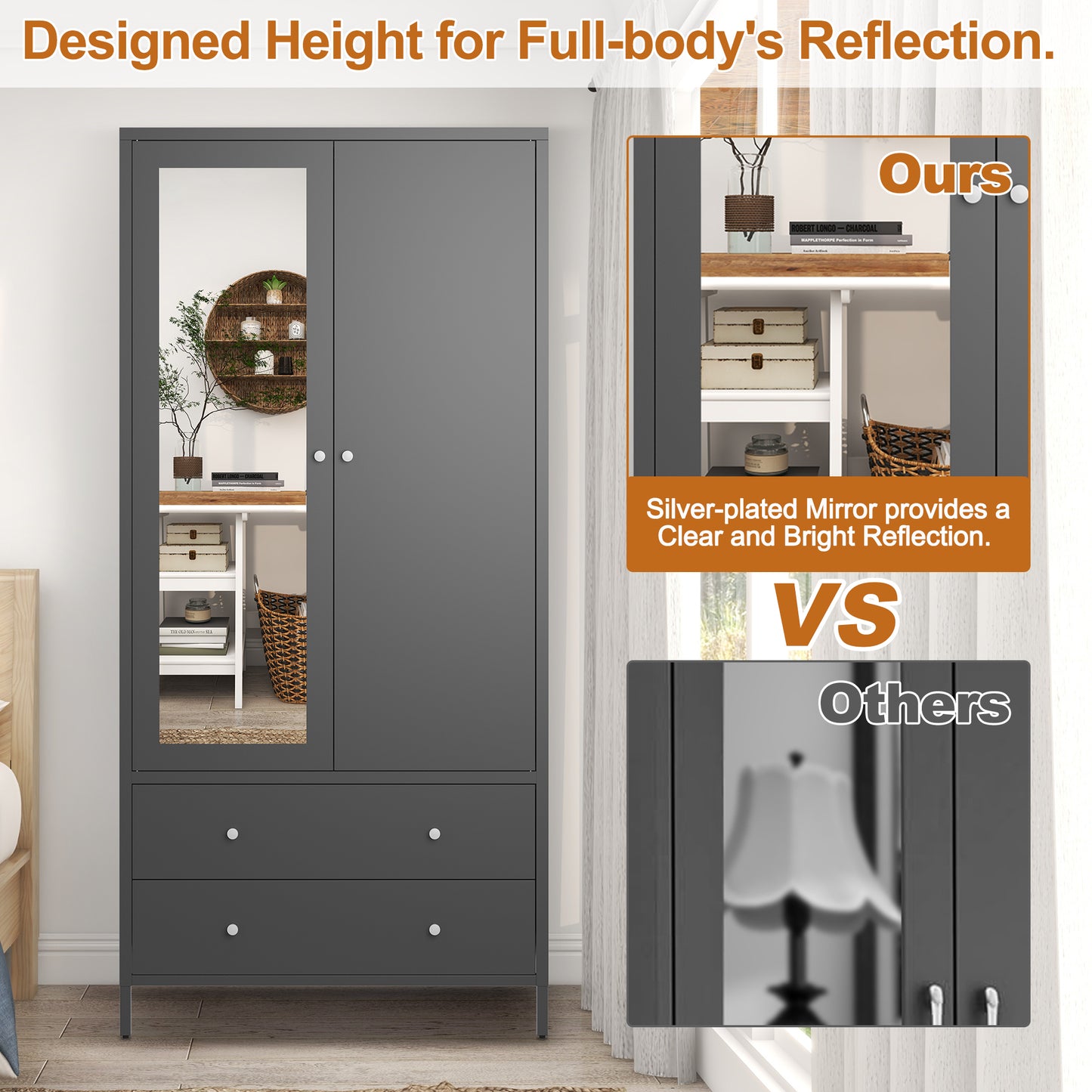 Metal dresser armoire wardrobe with mirror door, 2 drawers, and hanging rod, dark gray