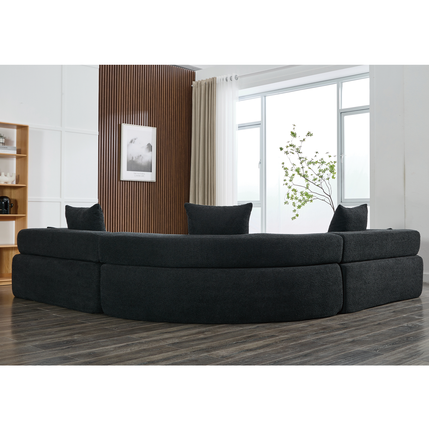 Oversized Curved 4-Seater Modular Sofa, 3-Piece Boucle, Black