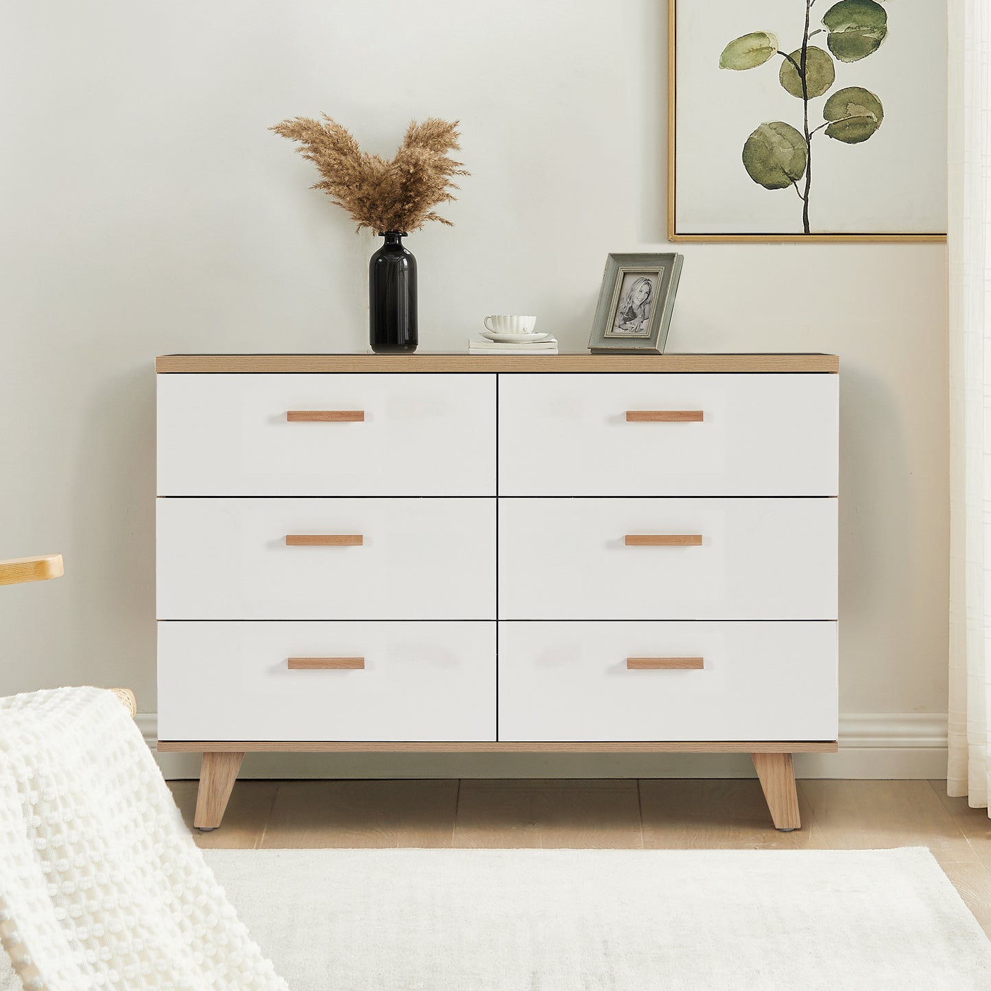 Drawer dresser and sideboard storage cabinet with solid wood handles and legs, brown and white