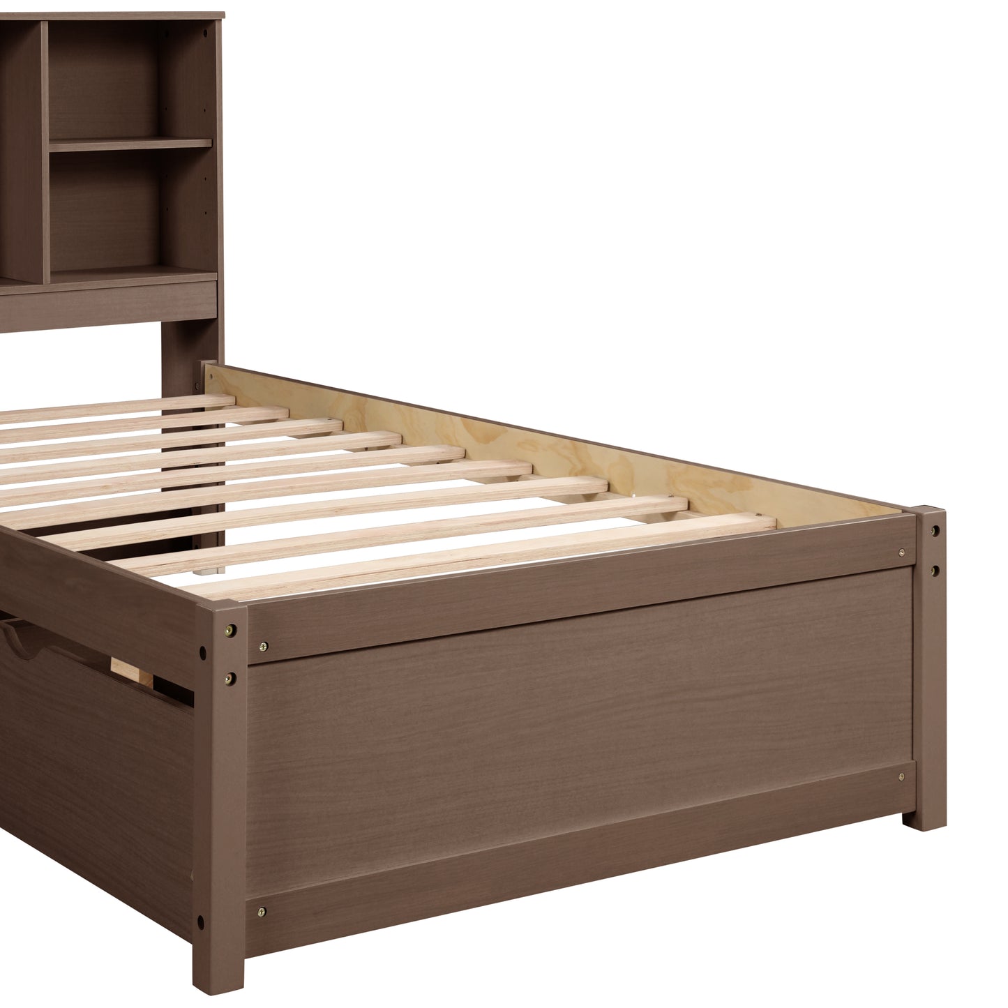 Modern twin bed frame with USB port, bookcase headboard, and drawers, walnut