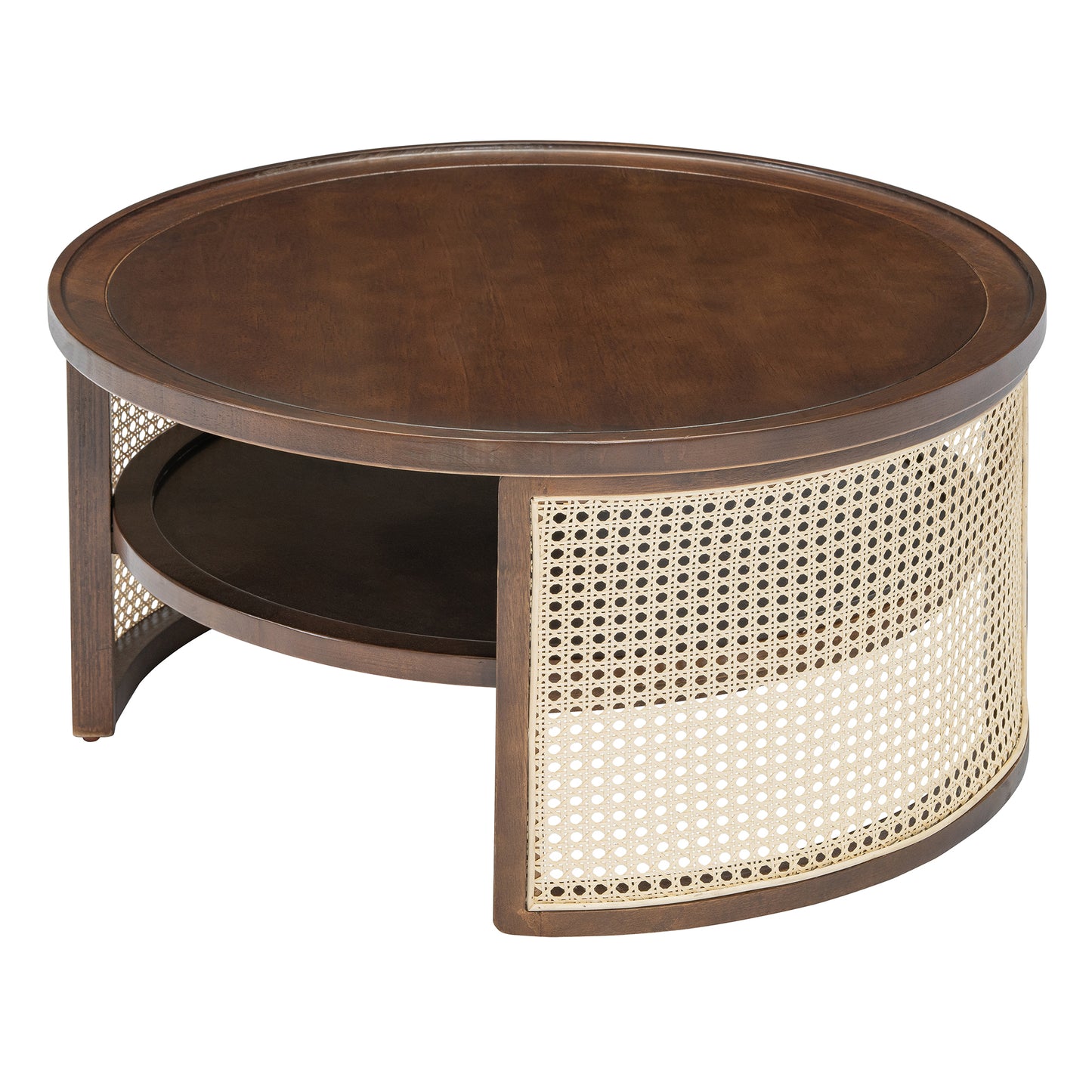 2-Tier Walnut Coffee Table with Rattan Base