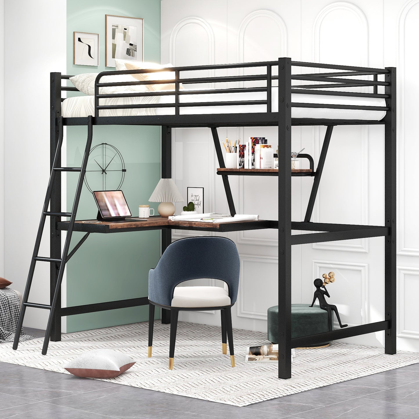 Twin Size Loft Metal & MDF Bed with Desk and Shelf, Black