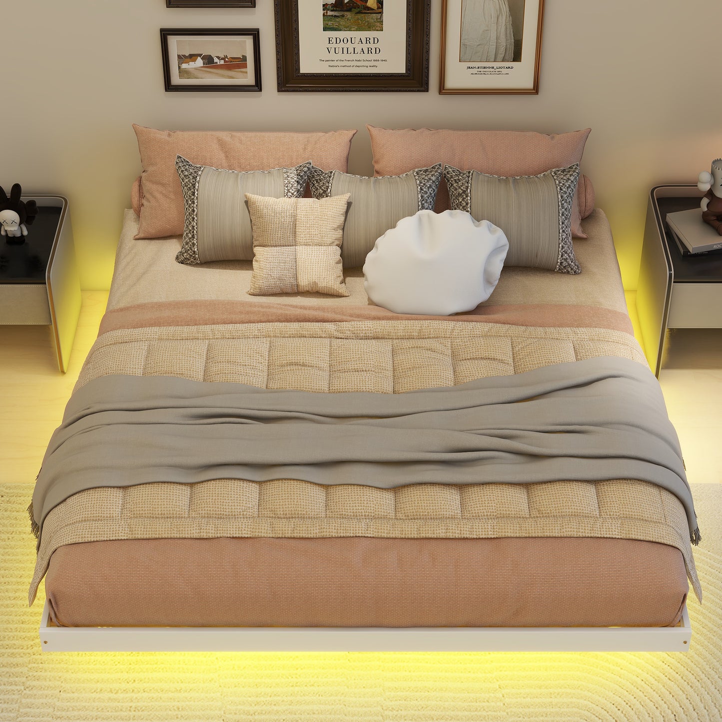 King floating bed with LED lights, modern low profile, white