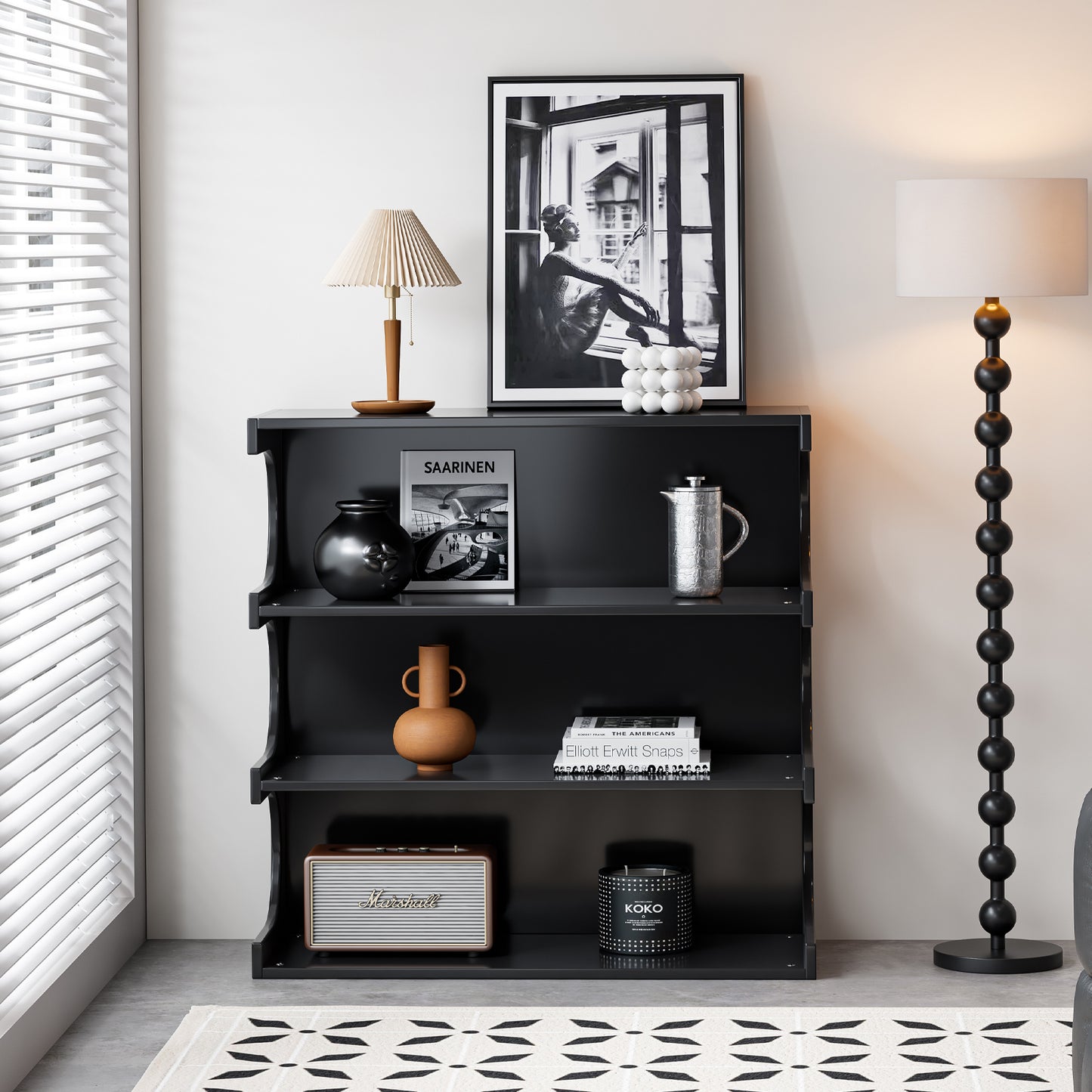 Multifunctional 4-Tier Black Bookshelf & Coffee Table