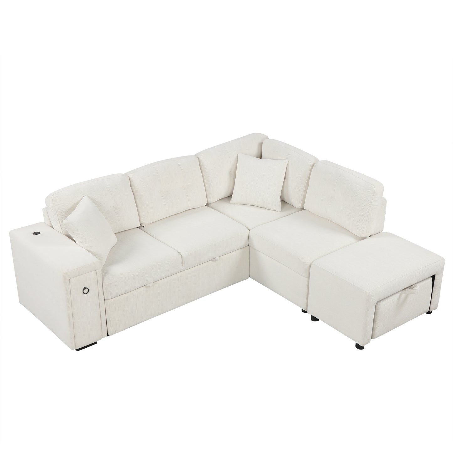 86.6 L-Shaped Sofa Bed with Ottoman, USB Ports & Cup Holders, Beige