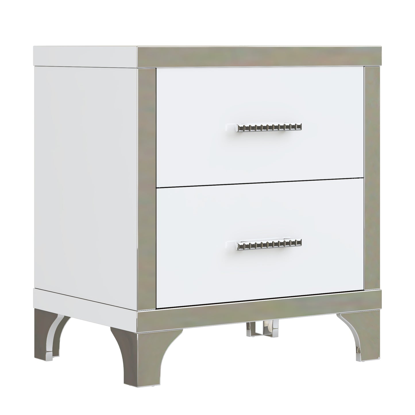 Elegant high gloss nightstand with 2 drawers, mirrored, white