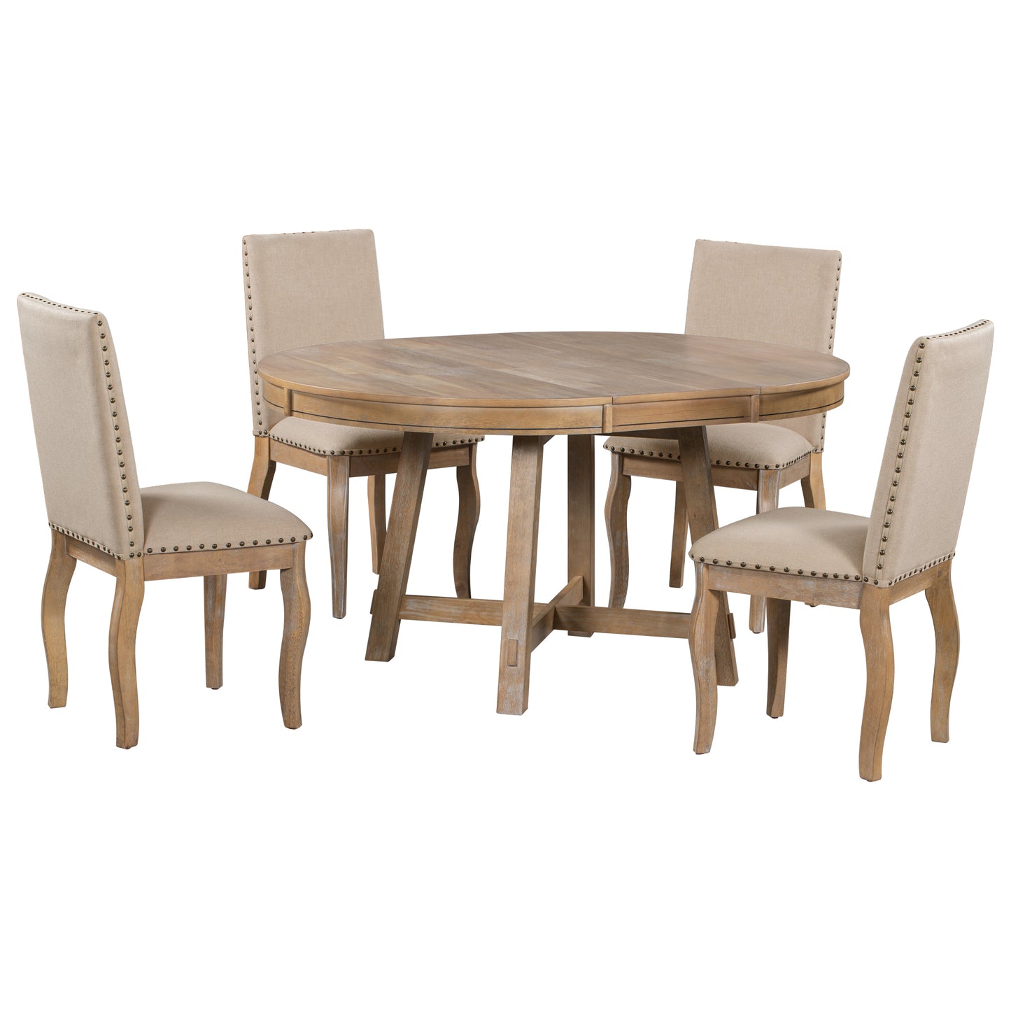 5-piece farmhouse round extendable dining set, natural wood wash, upholstered chairs